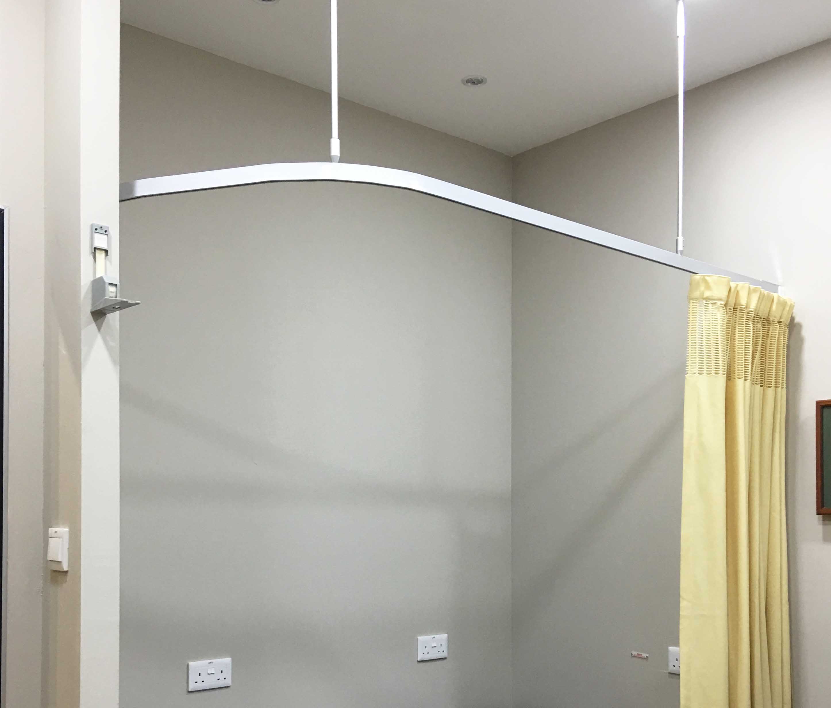 Hospital curtain tracks used in Singapore clinics and hospitals. Maximum curtain tie rod length 2.5m